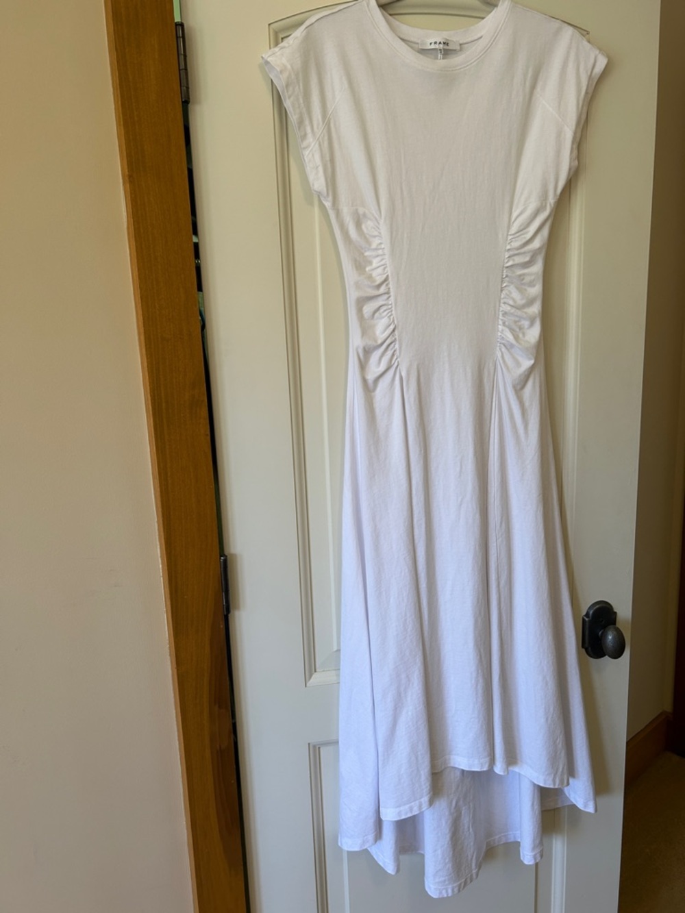 Frame Denim White Maxi Dress with Side Ruching Tee shirting fabric. High-Low
